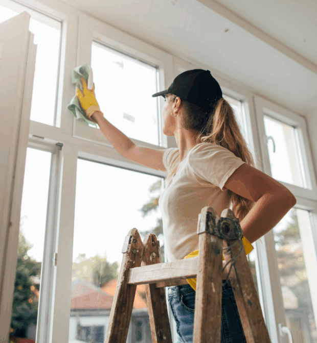 Lady cleaning a window on a Post construction cleaning