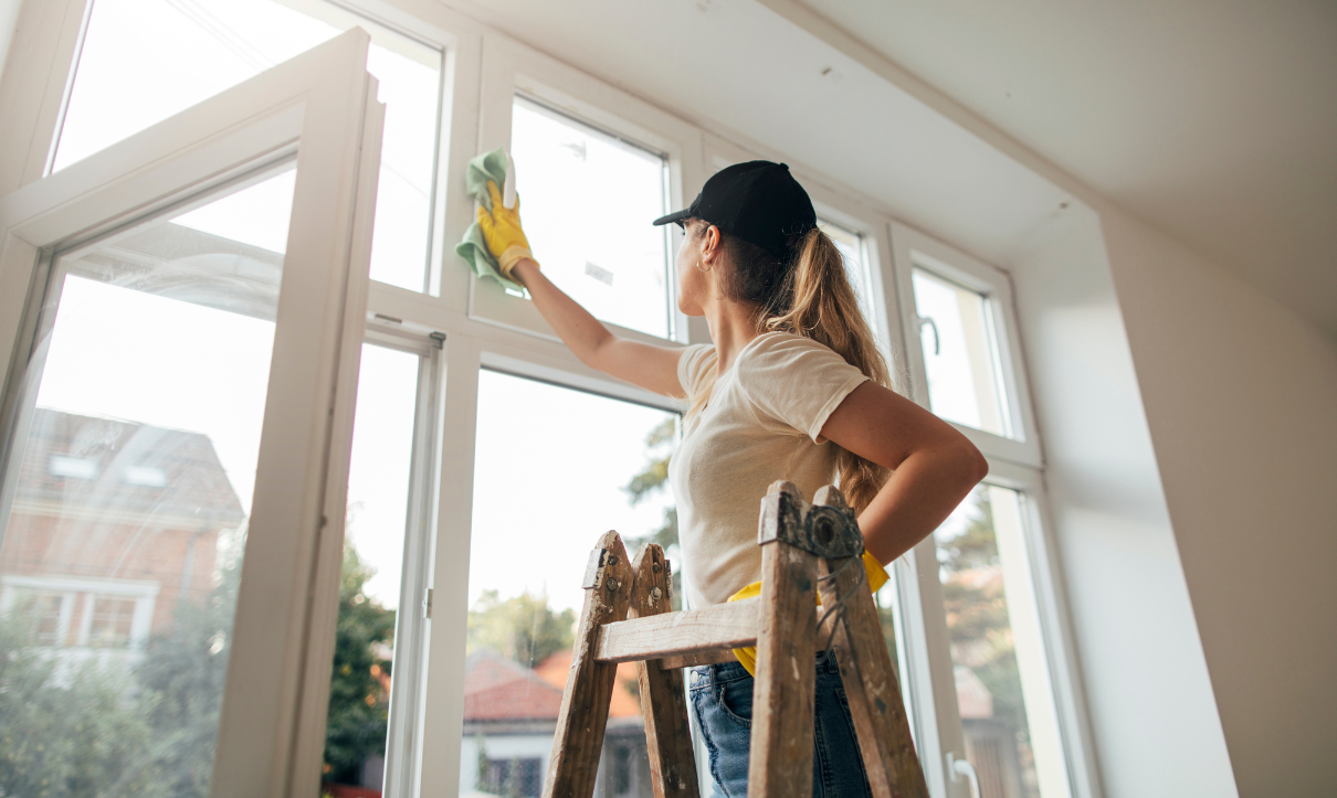 Lady cleaning a window on a Post construction cleaning
